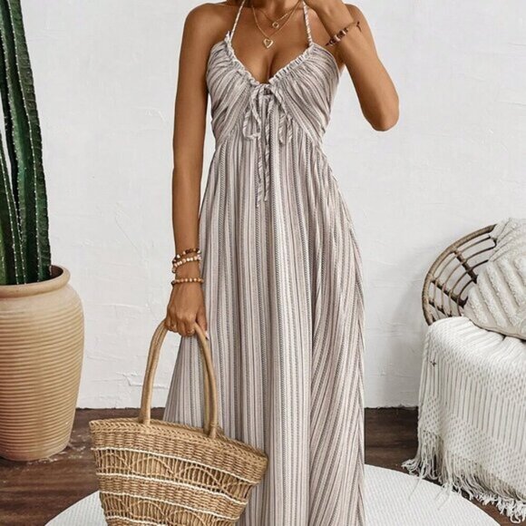 Apricot Boho Women's Striped Backless Halter Dress - Picture 1 of 6
